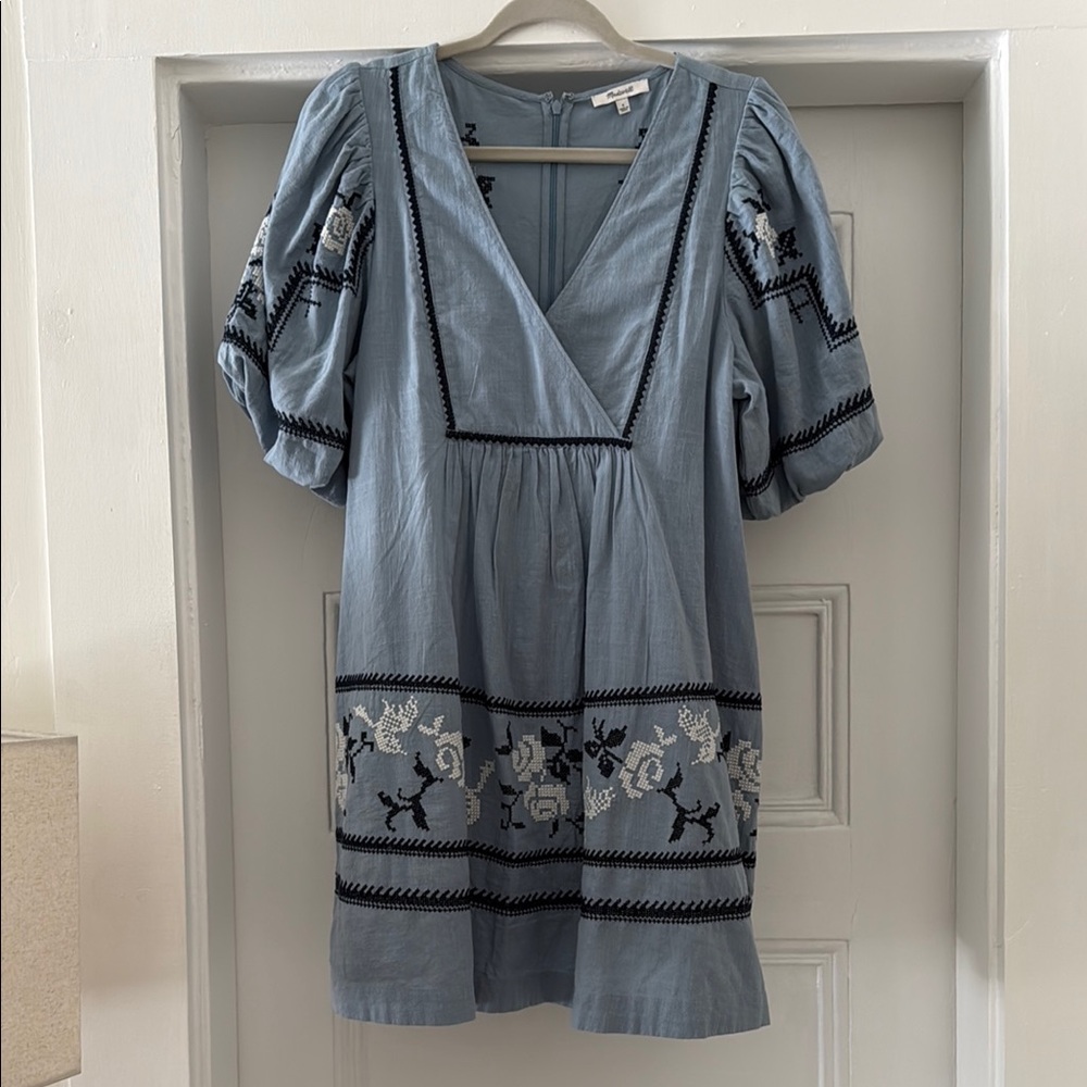 Madewell Blue V-Neck, Puffed Sleeve, Summer Dress